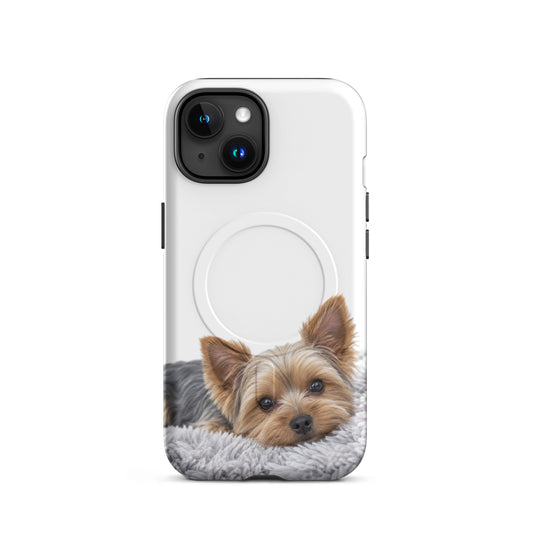 Yorkie MagSafe tough iPhone 15 case with a Yorkshire Terrier lying on a fluffy gray blanket