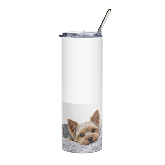 Yorkie stainless steel tumbler with straw, featuring a Yorkshire Terrier on a fluffy blanket