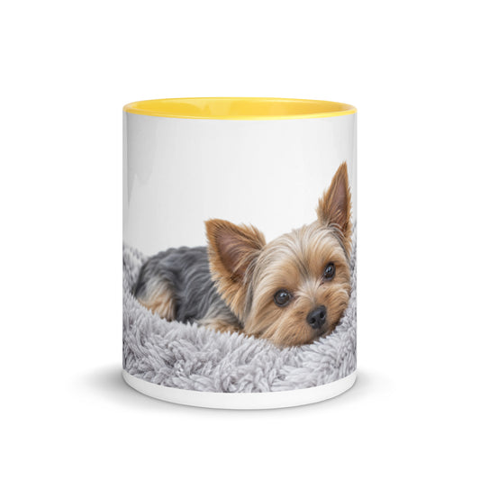 Yorkie coffee mug featuring a Yorkshire Terrier on a fluffy blanket