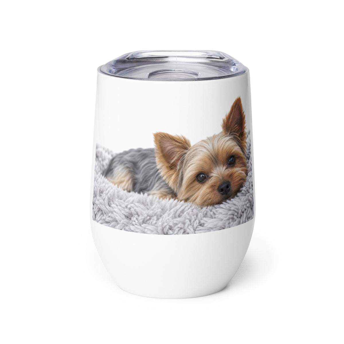 Yorkie wine tumbler featuring a Yorkshire Terrier on a fluffy blanket